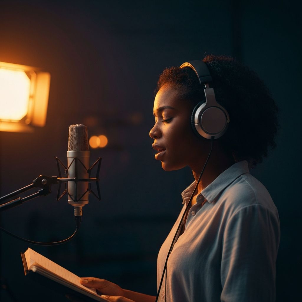 Singer-songwriter recording vocals in a home studio